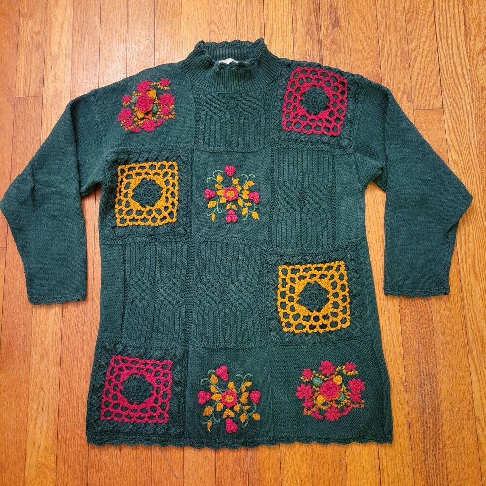 Vintage Carolina Colours Green Sweater Floral Crochet Patchwork‎ Granny Squares
